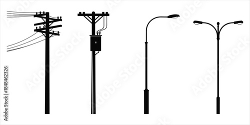 Silhouette icons of utility poles and street lights on white background Keywords: utility, pole, electricity, power, street