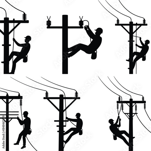 Silhouettes of Utility Workers Climbing and Working on Power Poles with Wires lineman electrician
