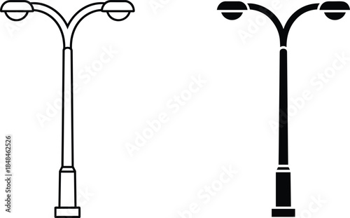 Two street lamps one outlined and one solid black on white lamp post lighting