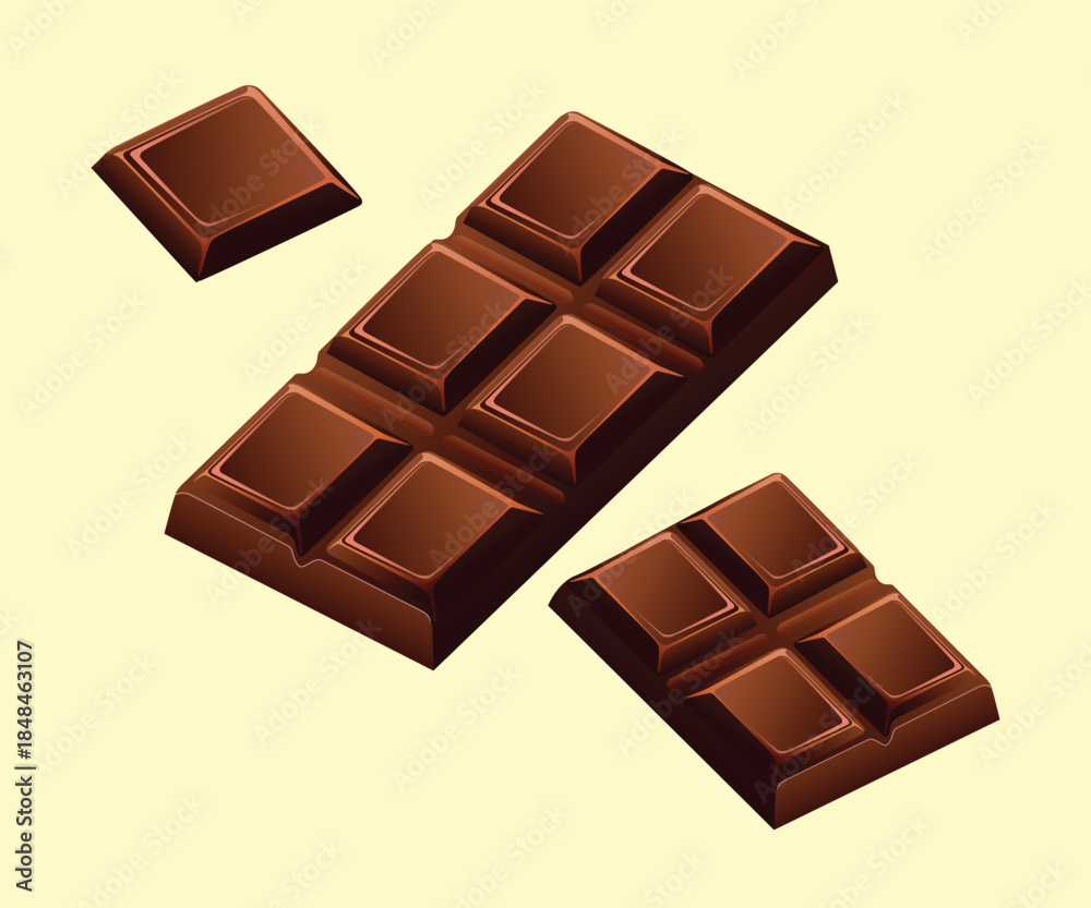 Fototapeta premium Chocolate 3d realistic vector illustration. Close up of chocolate pieces.