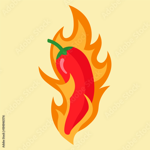 Flat vector illustration of a red hot chili pepper engulfed in orange flames. Perfect for spicy food branding, Mexican cuisine menus, restaurant logos, and heat level indicators