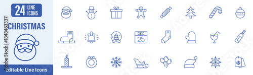 Christmas web icons in line style. Contains icons as Christmas, Santa Claus, gift, snowman, bell, Christmas tree, Xmas and more. Vector illustration.