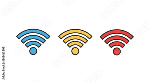 Three WiFi signal icons in different colors