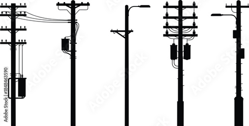 Silhouettes of Utility Poles with Transformers and Street Lights Keywords: utility pole, electricity, power line, transformer
