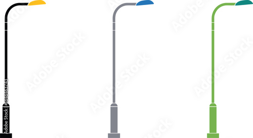 Three Modern Street Lights with Colored Tops on White Background lamp lighting