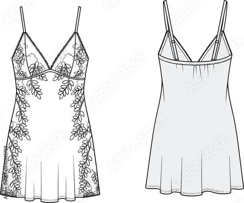 Women's Slip Dress or Chemise Technical Drawing Flat Sketch with Leafy Print, Spaghetti Straps, and V-Neckline for Lingerie Design Vector