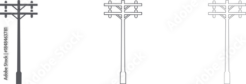 Three styles of a single utility pole with crossbars and insulators, solid, outline, and line art power pole