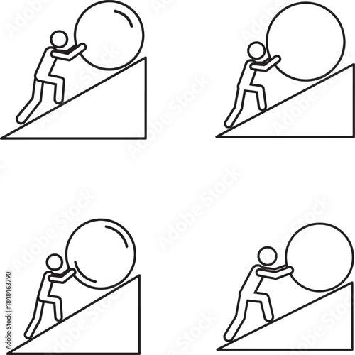 Stick figure pushing a ball up an inclined plane in four stages