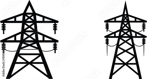 Two Black Silhouette High Voltage Electricity Pylons With Wires Keywords: electricity pylon, power line tower, transmission tower