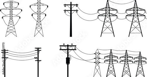 Various electricity transmission towers and power poles with wires and insulators Keywords: electricity, power, energy