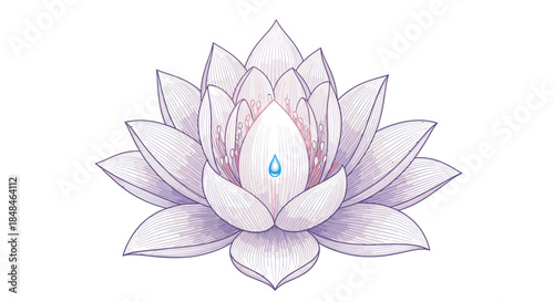 A beautiful hand-drawn watercolor illustration of a serene lotus flower with a sparkling blue water droplet, symbolizing purity and spiritual awakening.
