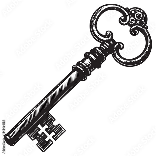 Isolated black silhouette of a simple vintage-style key with a round handl