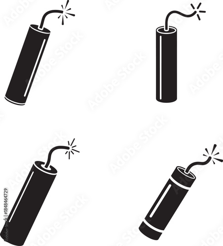 Four stick dynamite explosives with lit fuses in various orientations