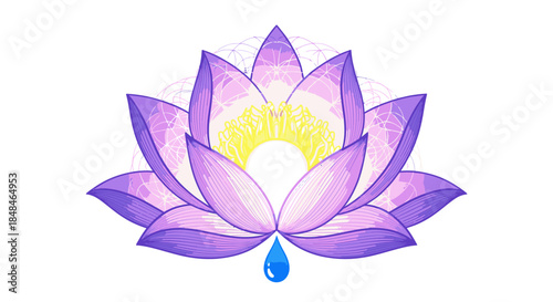 A serene illustration of a vibrant purple lotus flower with a glowing yellow center and a delicate blue water drop, symbolizing purity and spiritual awakening.
