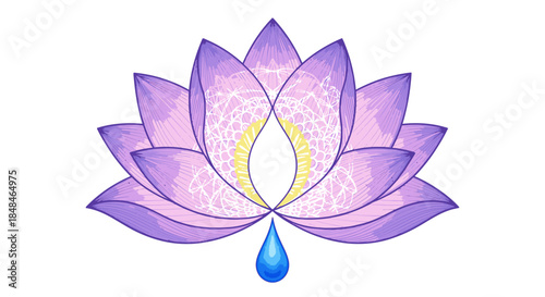 A vibrant purple lotus flower illustration, showcasing intricate lace patterns, a glowing yellow center, and a blue water drop, symbolizing purity and enlightenment.