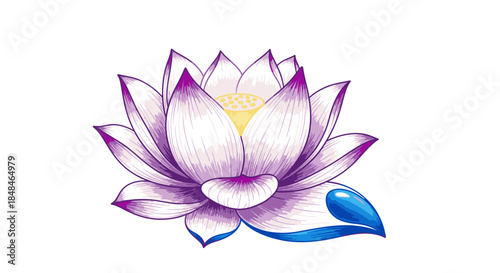 An elegant digital illustration of a serene lotus flower, showcasing delicate white and purple petals with a vibrant yellow center, symbolizing purity and tranquility.