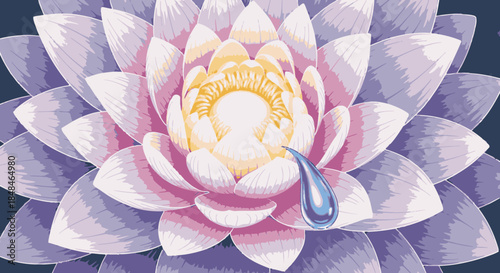 A beautiful, stylized lotus flower with delicate purple and pink petals gently cradles a single, glistening blue water droplet, symbolizing purity and tranquility.