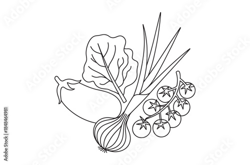 Fresh vegetables and cooking ingredients, outline vector icons for healthy food apps and menu design