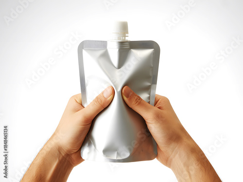 Hands holding a silver pouch with a white cap against a plain background