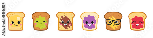 Cute toast, fun character cartoon, set toasts with topping, butter, avocado, jam, chocolate spread, sliced bread, big eyes, happy smiling face, kawaii style, breakfast symbol, vector illustration.