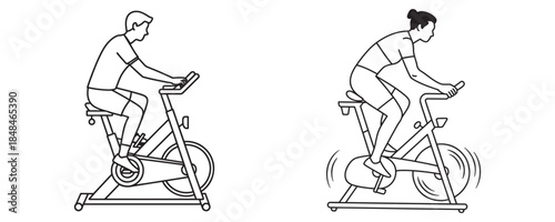 Fitness and exercise concept with man and woman riding indoor cycling bikes, line art vector illustration