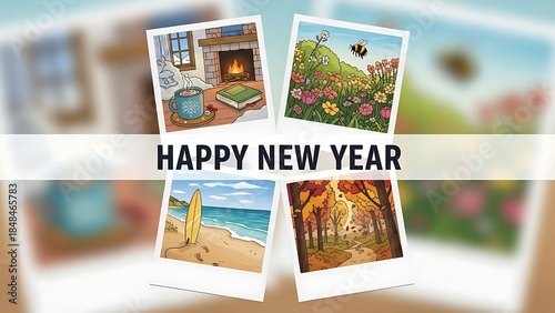 A cheerful digital greeting card for happy new year with polaroid pictures showing four seasons