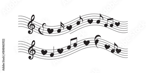 Romantic music notes with heart symbols on staff for love song design and wedding invitation, minimalist vector icon