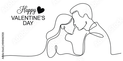 Continuous line art valentine's day couple embrace Vector, illustration