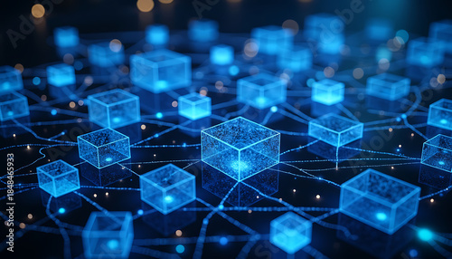 Futuristic Blue Blockchain Network with Connected Data Blocks