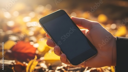 A hand holding a smartphone outdoors with fallen autumn leaves in the background, bathed in warm sunlight.