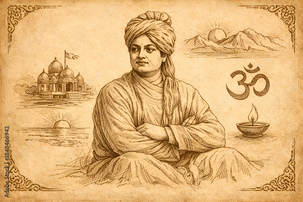 Fototapeta premium Swami Vivekananda Antique Sketch, Indian Spirituality, Religious Illustration