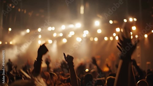 People cheering at a concert with lights