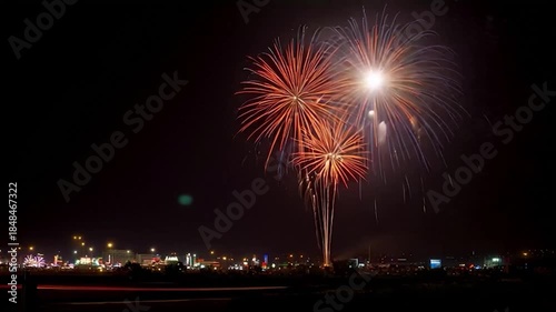 Fireworks display with city skyline at night