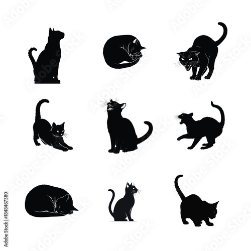 Nine black cat silhouettes in various poses on white background animal feline