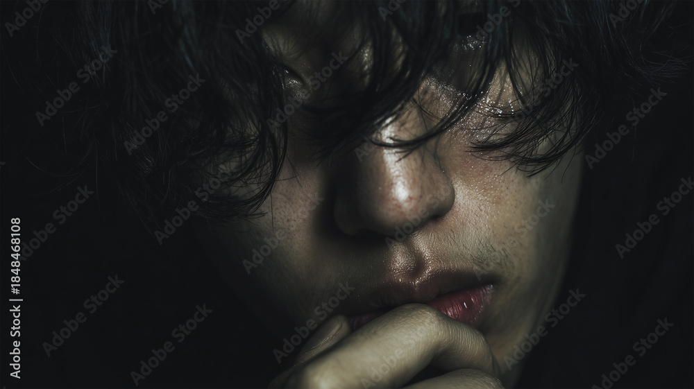 Obraz premium 男性が涙を流しながら不安を見せる