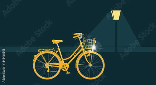 A brightly lit yellow bicycle, complete with a front basket and active headlight, is parked beneath a glowing street lamp during a calm urban night.