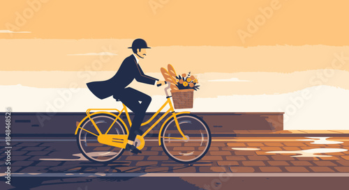 A dapper man in a suit and bowler hat cycles a yellow bicycle with baguettes and flowers, enjoying a ride under a warm, golden sky, evoking European charm.