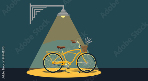 A stylish yellow cruiser bicycle, featuring a quaint front basket, stands brightly illuminated by a warm street lamp, creating a serene nocturnal urban setting.