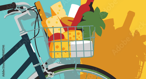 A stylish bicycle with a front basket brimming with fresh groceries like cheese, bread, and vegetables, symbolizing sustainable living and healthy choices.