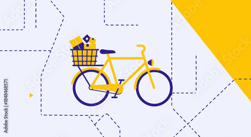 A vibrant yellow bicycle with a full basket of goods navigates a minimalist, abstract urban landscape, symbolizing efficient and eco-friendly delivery services.