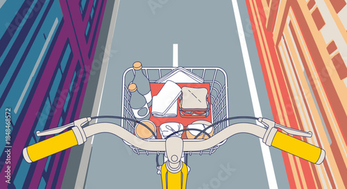 Vibrant illustration of a bicycle with groceries, navigating a stylized urban street flanked by colorful buildings, depicting sustainable life.