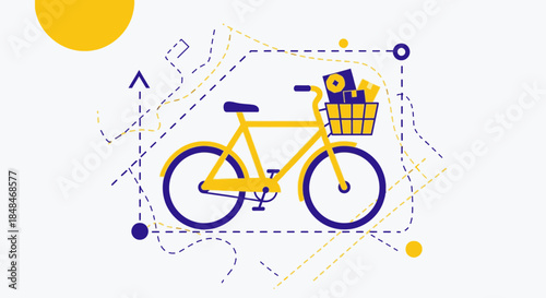 A vibrant yellow bicycle with a front basket full of packages is graphically depicted, symbolizing efficient, eco-friendly urban delivery and sustainable travel.