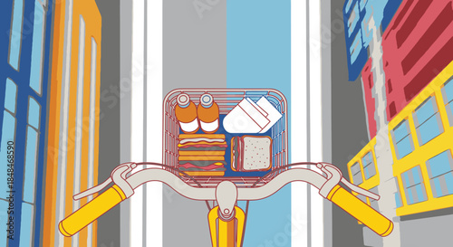 A vibrant vector illustration captures a first-person view of a bicycle rider carrying a picnic lunch in a front basket through a colorful city street.