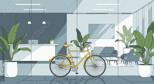 A vibrant yellow bicycle is parked inside a sleek, contemporary office lobby, surrounded by lush green plants and modern decor, reflecting sustainable and active living.