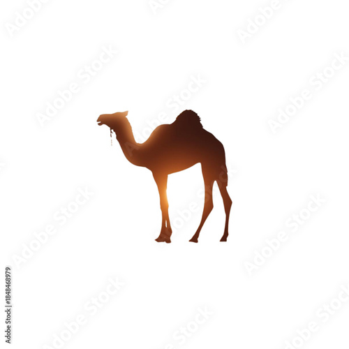 A camel standing alone on a white background at sunset