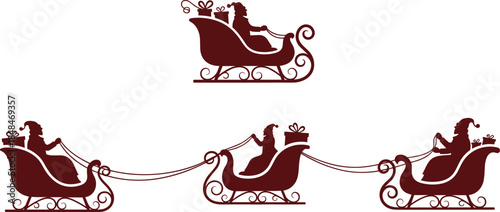Santa sleigh icon set, gift box, reins, silhouette, Christmas decoration, festive character, black vector, holiday, celebration, winter, ornament, scrollwork