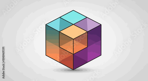 Abstract Colorful Cube Design with Geometric Shapes and Lines.