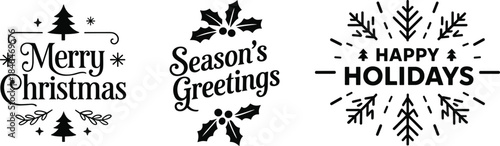 Holiday greeting icon set, Merry Christmas, Season’s Greetings, Happy Holidays, snowflake, tree, star, festive silhouette, black vector, winter, celebration