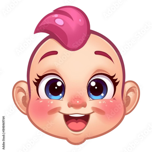 A cartoon baby's face with a pink mohawk and cheerful expression