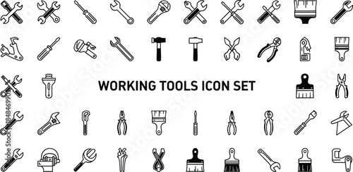 Working tools icon set, wrench, hammer, screwdriver, pliers, saw, clamp, paintbrush, black vector, construction, repair, DIY, maintenance, hardware